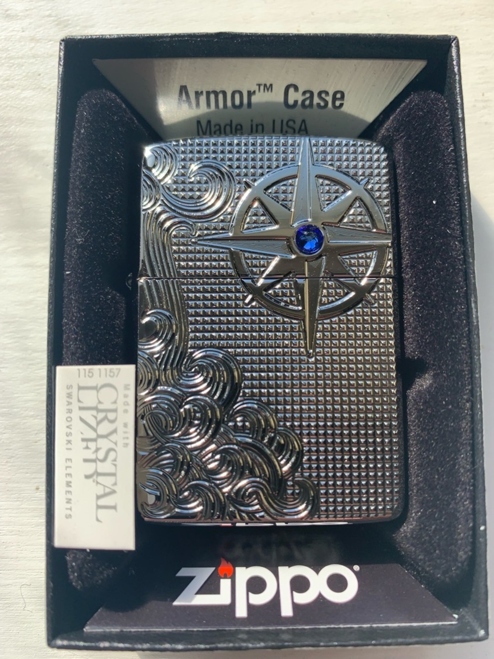 New ZIPPO Armor High Polish Chrome Swarovski Crystal “Waves And Compass”